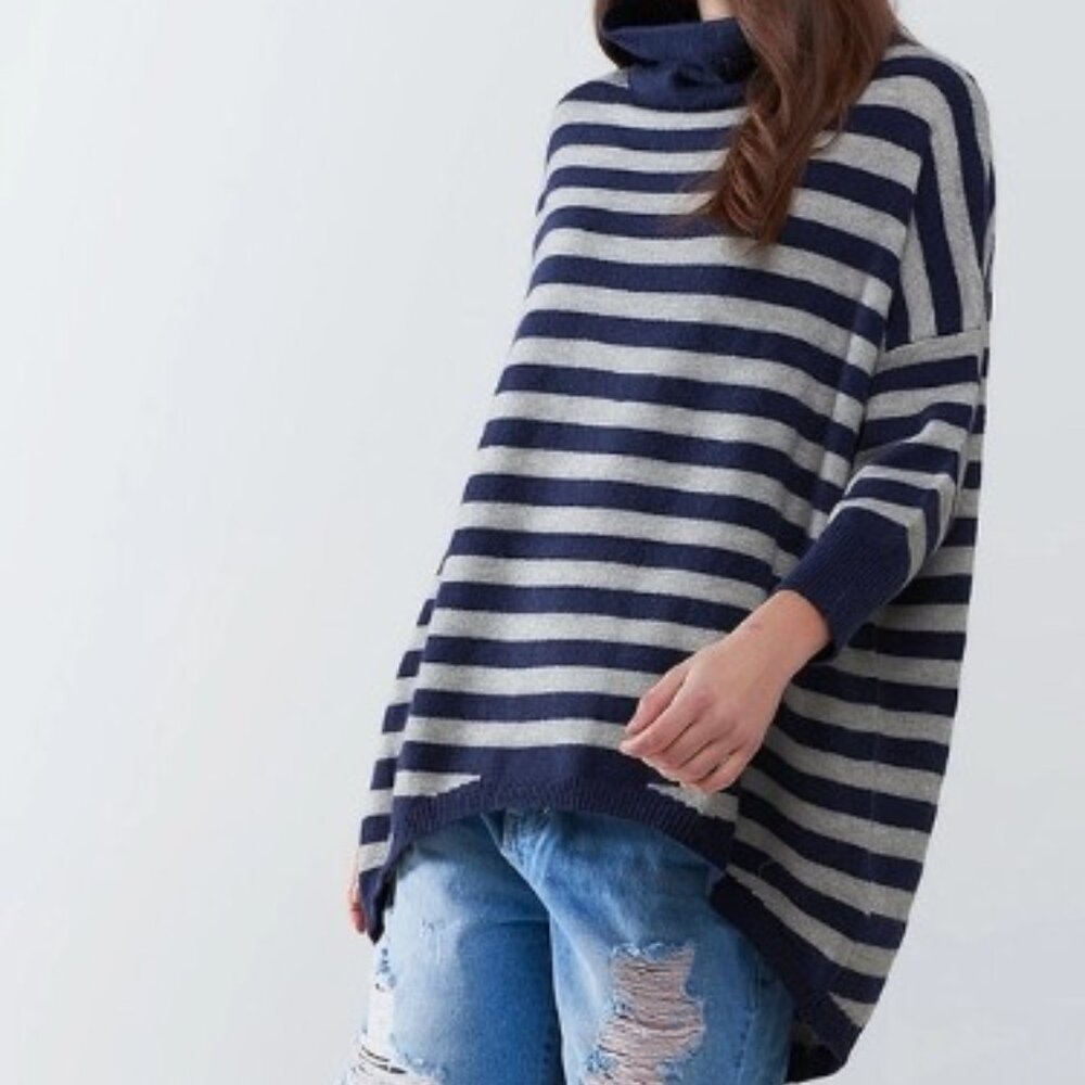 High Neck Oversized Sweater with Bat Wings and Stripes